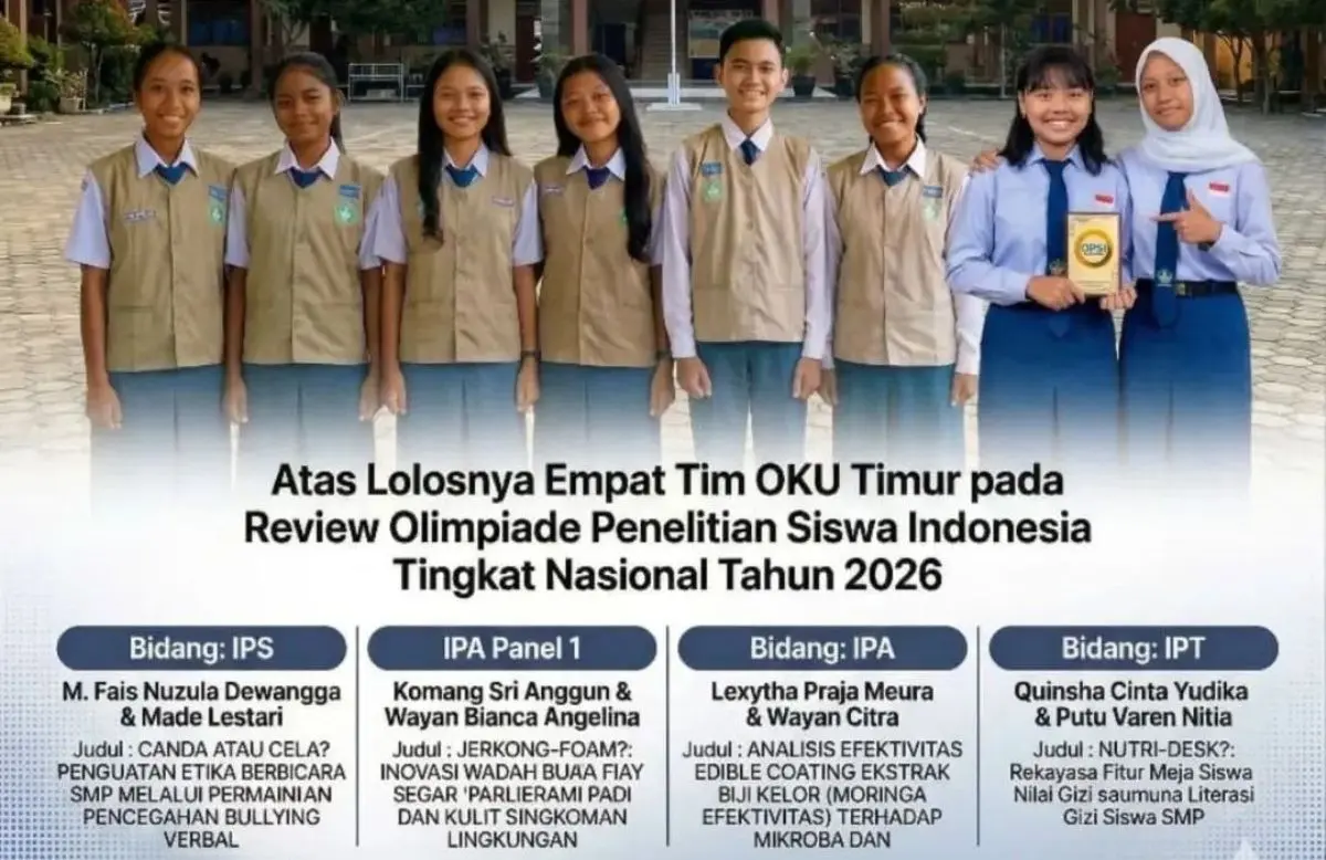 Empat tim peneliti muda dari SMP Negeri 2 Semendawai Timur, berhasil lolos tahap review penelitian dalam ajang Olimpiade Penelitian Siswa Indonesia 2026. (WARTANEGERIKU.ID/HAIRUDIN)