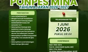 pendaftaran-santri-baru-ponpes-mina-2026 Pondok Pesantren (Ponpes) Minhajul Aulia (Mina) resmi membuka pendaftaran santri baru untuk Tahun Ajaran 2026-2027, dengan pelaksanaan seleksi Tes Gelombang I yang dijadwalkan pada Senin, 1 Juni 2026. (WARTANEGERIKU.iD/FRAN)