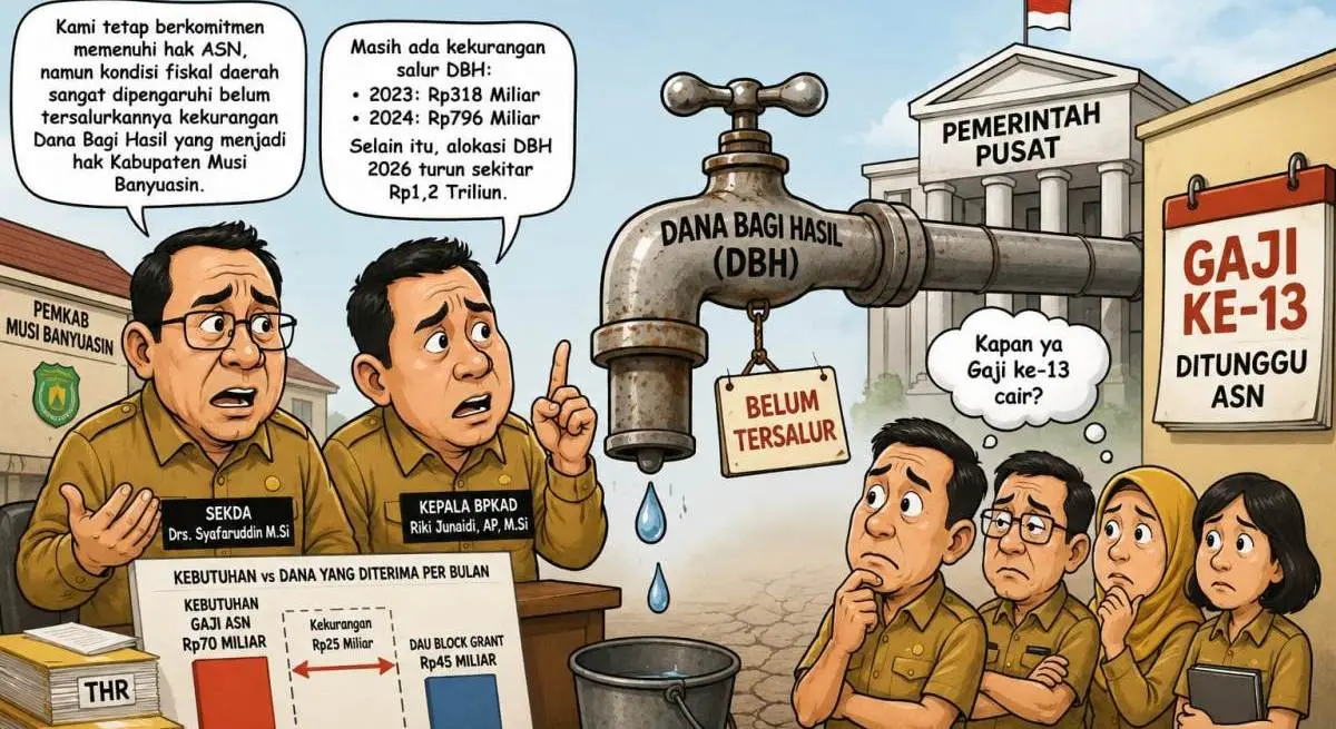 Pemerintah Kabupaten (Pemkab) Musi Banyuasin (Muba) belum dapat merealisasikan pembayaran Gaji ke-13 bagi Aparatur Sipil Negara (ASN). Penundaan ini terjadi akibat tekanan fiskal daerah yang dipicu oleh belum tersalurkannya Dana Bagi Hasil (DBH) dari Pemerintah Pusat.. (WARTANEGERIKU.ID/FRAN)