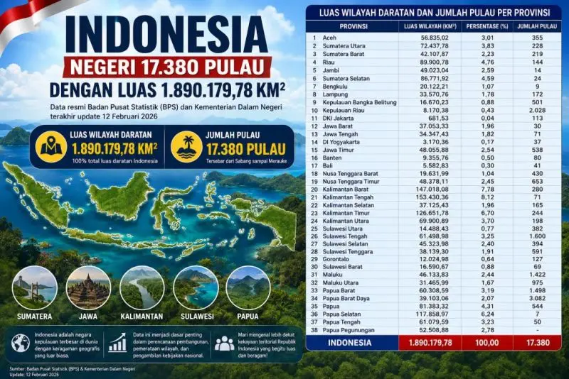 Berdasarkan data resmi Badan Pusat Statistik (BPS) dan Kementerian Dalam Negeri, total luas wilayah daratan Indonesia tercatat mencapai 1.890.179,78 kilometer persegi. (WARTANEGERIKU.ID/AIRU)