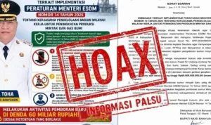 Pemerintah Kabupaten (Pemkab) Musi Banyuasin (Muba) menerbitkan klarifikasi resmi terkait beredarnya dokumen digital di media sosial dan aplikasi pesan singkat. Surat yang memuat tentang implementasi Peraturan Menteri ESDM Nomor 14 Tahun 2025 itu, dipastikan sebagai dokumen palsu atau hoaks. Pemerintah Kabupaten (Pemkab) Musi Banyuasin (Muba) menerbitkan klarifikasi resmi terkait beredarnya dokumen digital di media sosial dan aplikasi pesan singkat. Surat yang memuat tentang implementasi Peraturan Menteri ESDM Nomor 14 Tahun 2025 itu, dipastikan sebagai dokumen palsu atau hoaks.