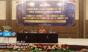 Anggota Dewan Pers, Muhammad Jazuli, saat menjadi narasumber pada sesi penutup Musyawarah Nasional (Munas) III Pro Jurnalismedia Siber (PJS) di Jakarta, pada hari Rabu, tanggal 22 Juli 2026. (WARTANEGERIKU.ID/AIRU)