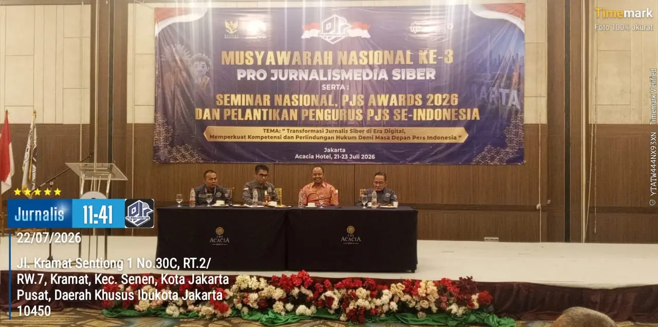 Anggota Dewan Pers, Muhammad Jazuli, saat menjadi narasumber pada sesi penutup Musyawarah Nasional (Munas) III Pro Jurnalismedia Siber (PJS) di Jakarta, pada hari Rabu, tanggal 22 Juli 2026. (WARTANEGERIKU.ID/AIRU)