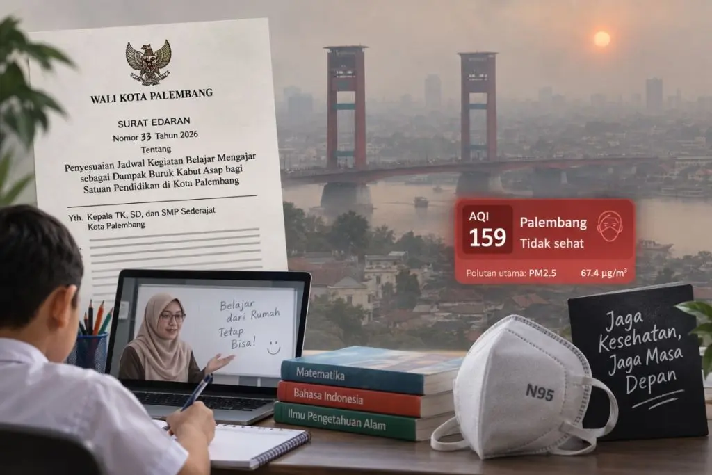 Pemerintah Kota (Pemkot) Palembang resmi menerbitkan Surat Edaran Nomor 33 Tahun 2026 tentang Penyesuaian Jadwal Kegiatan Belajar Mengajar sebagai Dampak Buruk Kabut Asap bagi Satuan Pendidikan di Kota Palembang. (WARTANEGERIKU.ID/HAIRUDIN)